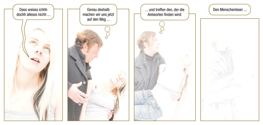 Episode 6, Seite 13 Episode 6, Seite 13: Lynn: Dass weisss ichhh dochh allesss nichh ... / Munin: Genau deshalb machen wir uns jetzt auf den Weg ... und treffen den, der die Antworten finden wird: Den Menschenleser ...